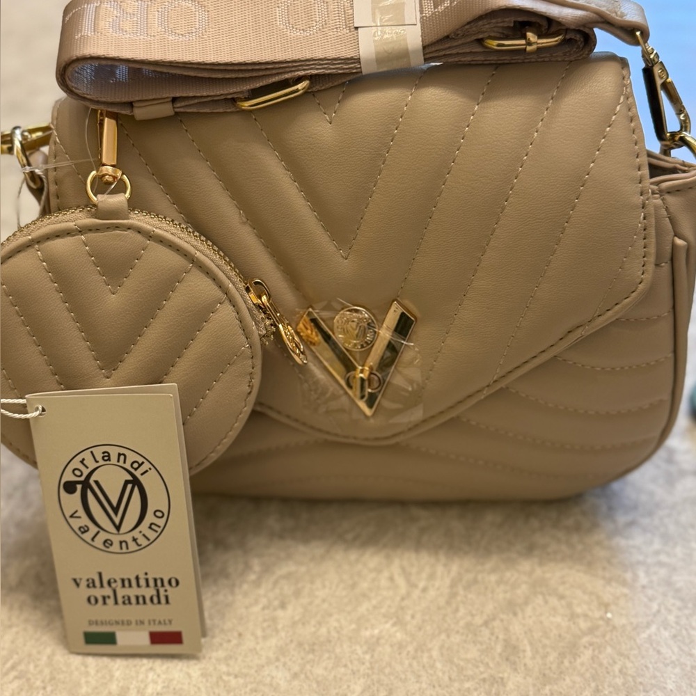 Valentino Orlandi Taupe Quilted Crossbody Bag w/ Coin Pouch – NWT $360 MSRP